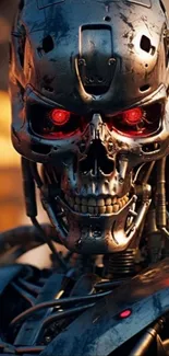 Futuristic metallic robot with glowing red eyes.