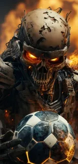 Futuristic robot holding a soccer ball in fiery scene.