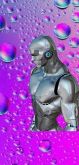 Futuristic robot with colorful droplets background.