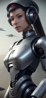 Futuristic female robot with flying ships in a desert setting.