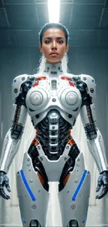 Futuristic robot woman standing in a sci-fi environment.