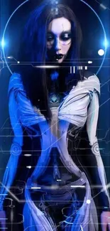 Futuristic robotic woman with blue glow in digital art wallpaper.