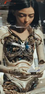 Futuristic robot woman holding a device with intricate circuitry.