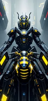 Futuristic robot with yellow accents in high-tech setting.