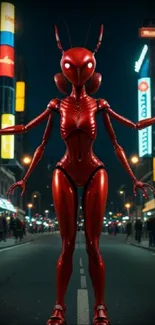 Red robotic ant on a futuristic city street at night.