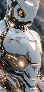 Futuristic robotic armor with sleek metallic design.