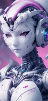 Futuristic robotic figure with purple accents in a cybernetic style.