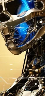 Futuristic robot face with blue highlights and metallic details.