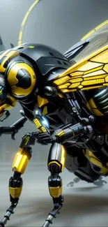 Futuristic robotic bee with yellow accents in a high-tech setting.