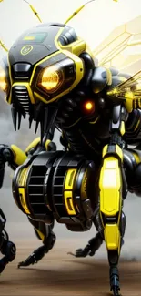 Futuristic robotic bee with yellow accents in a digital art wallpaper.