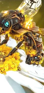 Futuristic robotic bee on a yellow flower.