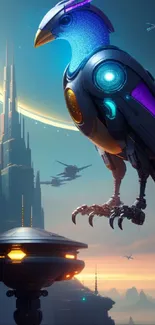 Futuristic robotic bird in a sci-fi cityscape under a glowing moon.