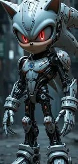 Futuristic robotic character with red eyes in a dark alley.