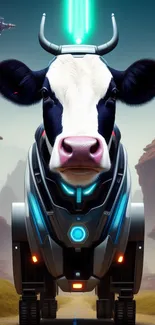 Futuristic robotic cow on a scenic landscape with glowing elements.