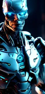 Futuristic robotic figure with glowing blue eyes.