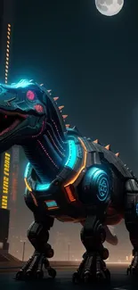 A glowing robotic dinosaur in a futuristic city under the moonlight.