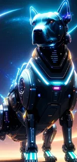 Futuristic robotic dog with neon lights on cosmic background wallpaper.