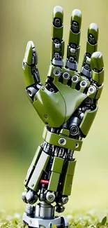 Futuristic robotic hand on green background.