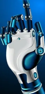 Futuristic robotic hand on blue background.