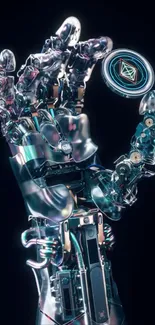 Futuristic robotic hand holding glowing element.