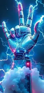 Robotic hand emerging with lightning energy.