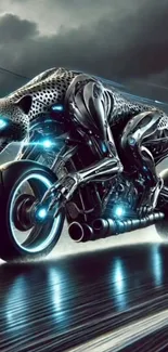 Futuristic motorcycle with robotic panther design.