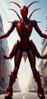 Futuristic red robot in urban street scene mobile wallpaper.