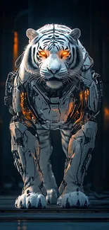 Futuristic robotic tiger with glowing eyes in dark setting.