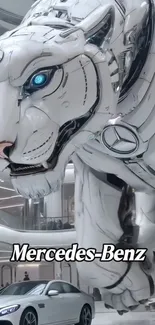 Futuristic robotic tiger with Mercedes-Benz car.