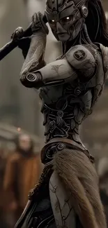 Futuristic robotic warrior in detailed armor stands in a dynamic pose.