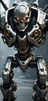 Futuristic robotic warrior standing in an urban setting with a sci-fi theme.