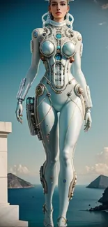 Futuristic robotic woman overlooking the sea with elegant design.