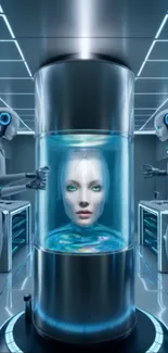 Futuristic robot lab with AI head suspended in a metallic cylinder.