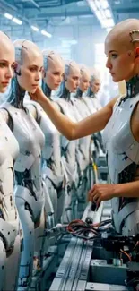 Futuristic humanoid robots in assembly line.