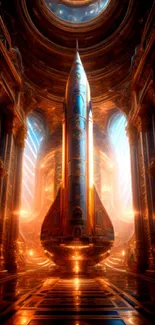 Futuristic rocket in a grand, glowing hall with vibrant orange accents.