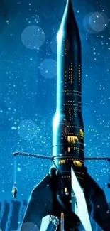 Futuristic rocket launches into a starry blue night sky, inspiring cosmic dreams.