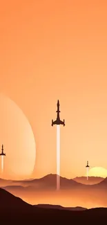 Space rockets launching at sunset with orange and dark landscape.