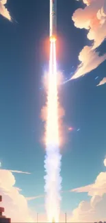 Futuristic rocket launching into a vibrant sky with clouds.