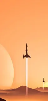 Rocket launch silhouette against an orange gradient sky.