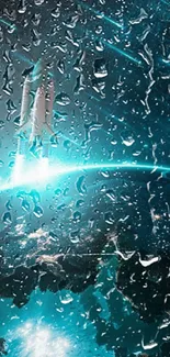 Futuristic rocket launch with rain effects in teal hues for mobile wallpaper.