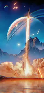 Futuristic rocket launch with cosmic background and vibrant colors.