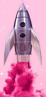 Vibrant rocket with pink smoke on a pink background.