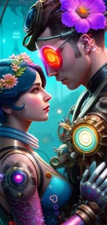 Futuristic cybernetic couple with vivid LED flowers.