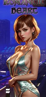 Futuristic romance themed wallpaper with neon city background.