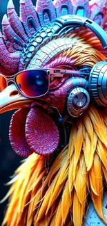 A colorful, high-tech rooster with sunglasses and headphones.