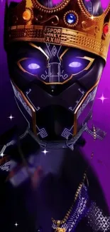 Futuristic cyber mask with a golden crown on a purple background.