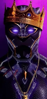 Futuristic warrior in crown with vibrant purple background.