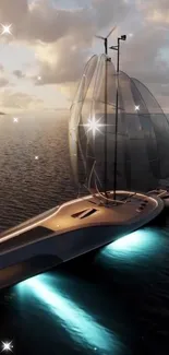 Futuristic sailing ship at sunset with sparkling stars on the ocean.