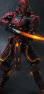 Futuristic samurai in crimson armor with a glowing sword.