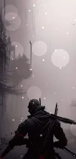 Futuristic samurai silhouette in misty urban setting, digital art wallpaper.